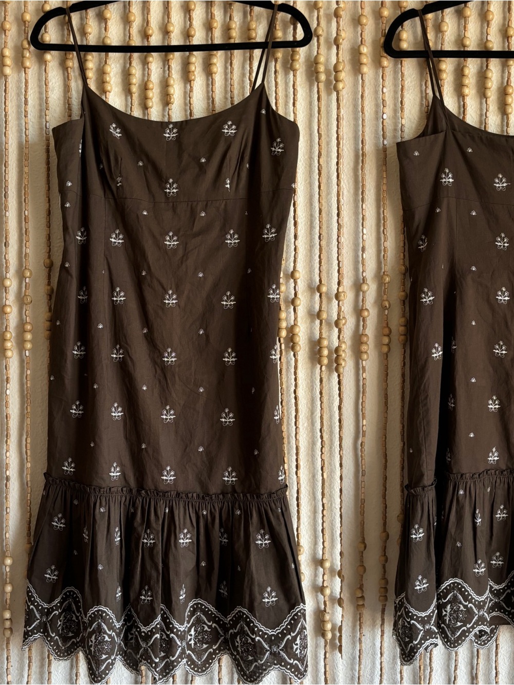 Ann Taylor Brown White Embroidered Floral Cotton Scalloped Hem Fairy Tank Dress